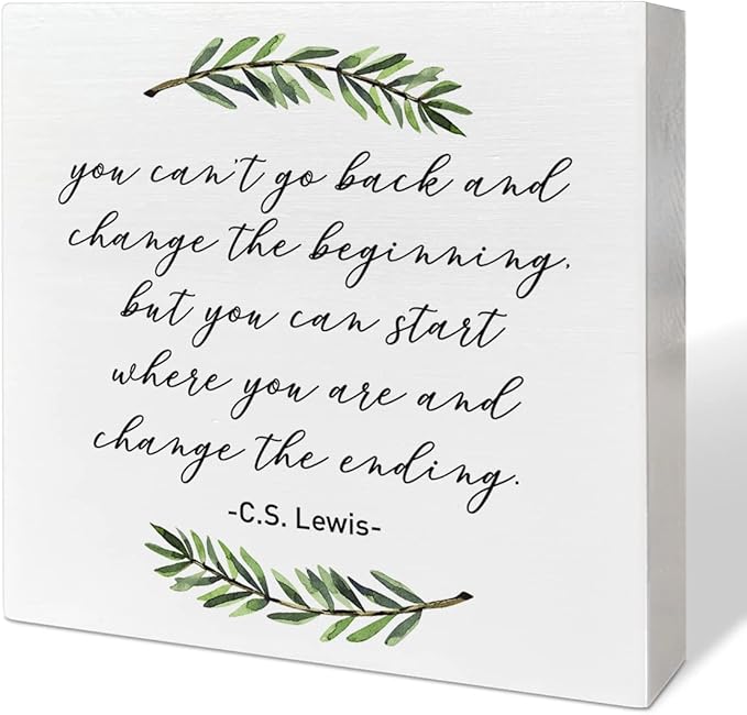 Home Office Desk Wooden Box Sign Decor, You Can't Go Back and Change The Beginning, Inspirational Quotes Desk Decor Motivational Desk Decorations for Women Men Alcoholics Anonymous Counselor Therapist - LeafyLoom