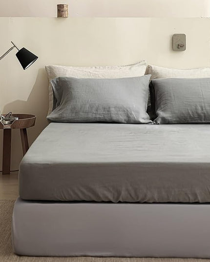 Simple&Opulence 100% Linen Sheet Set Solid Color-4 Pcs Washed French Linen Bed Sheets(1 Flat Sheet,1 Fitted Sheet,2 Pillowcases)-Breathable Bedding Set (Grey, King) - LeafyLoom