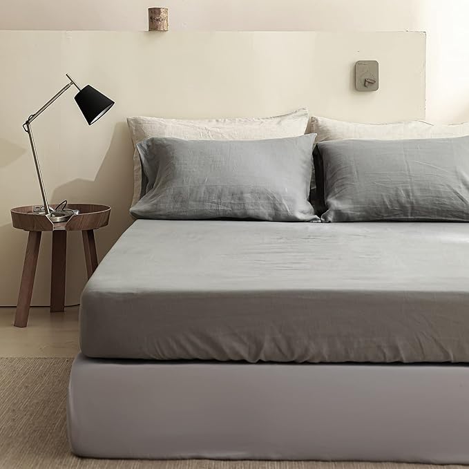 Simple&Opulence 100% Linen Sheet Set Solid Color-4 Pcs Washed French Linen Bed Sheets(1 Flat Sheet,1 Fitted Sheet,2 Pillowcases)-Breathable Bedding Set (Grey, King) - LeafyLoom