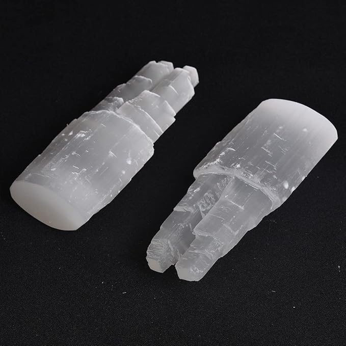 JIC Gem USB Selenite Lamp Twin Tower Healing Crystal Lamp Natural Selenite Skyscraper Lamp 6 Inch with Wooden LED Light Stand Base - LeafyLoom
