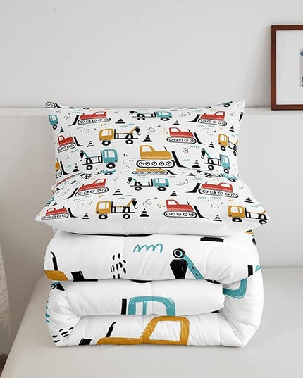 Boys Cartoon Car Comforter Set, Kids Construction Vehicles Comforter for Kids Children Cartoon Truck Bedding Set Cute Cars Teal Red Yellow Quilt Set Bedroom Collection 3Pcs King Size - LeafyLoom