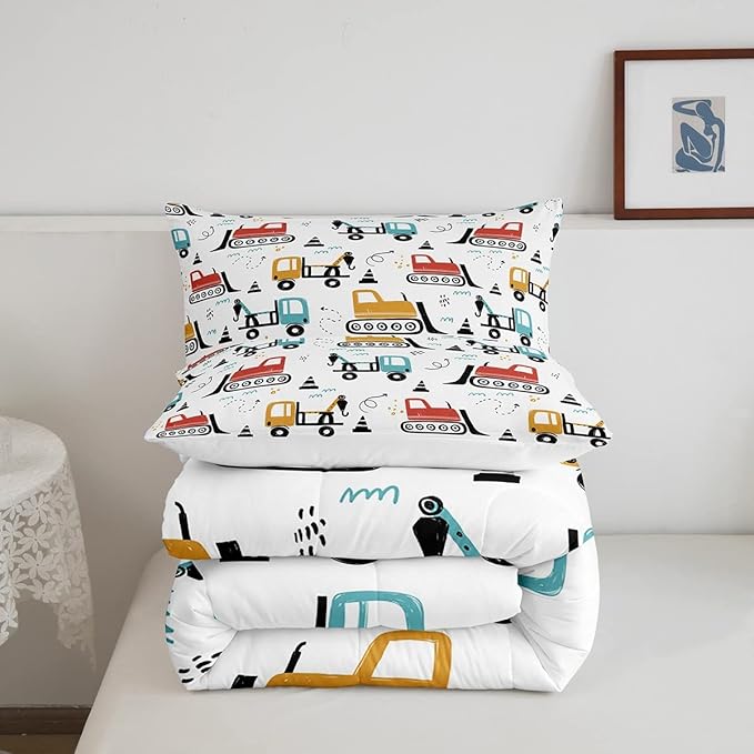 Boys Cartoon Car Comforter Set, Kids Construction Vehicles Comforter for Kids Children Cartoon Truck Bedding Set Cute Cars Teal Red Yellow Quilt Set Bedroom Collection 3Pcs King Size - LeafyLoom
