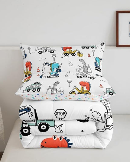 Feelyou Kids Cartoon Car Comforter Set Construction Bedding Set Full Size Tractor Vehicle Truck Comforter for Kids Boys Girls Cute Dinosaur Quilt Set Yellow Blue Soft for Teens Child Room Decor - LeafyLoom
