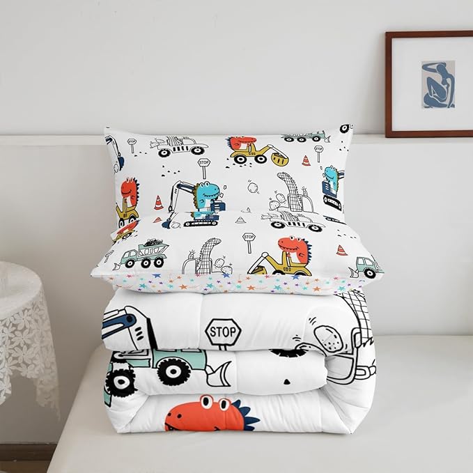 Feelyou Kids Cartoon Car Comforter Set Construction Bedding Set Twin Size Tractor Vehicle Truck Comforter for Kids Boys Girls Cute Dinosaur Quilt Set Yellow Blue Soft for Teens Child Room Decor - LeafyLoom