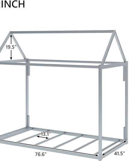Metal Twin Size Montessori Floor Bed for Kids,Floor Bed Twin,House Bed with Slats for Boys Girls,Metal House Shape Platform Bed,No Spring Box Required,Silver - LeafyLoom
