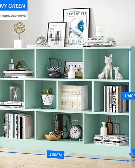 IOTXY Open Shelf Low Bookcase - Wooden 3-Tier Floor Standing Display Cabinet Organizer with Base, 10 Cubes Short Horizontal Bookshelf in Tiffany-Green - LeafyLoom