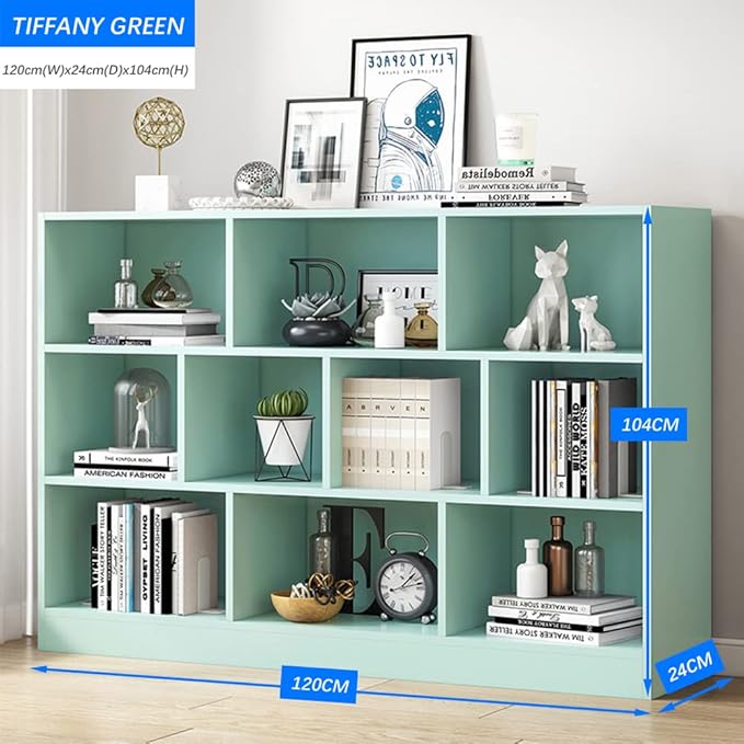 IOTXY Open Shelf Low Bookcase - Wooden 3-Tier Floor Standing Display Cabinet Organizer with Base, 10 Cubes Short Horizontal Bookshelf in Tiffany-Green - LeafyLoom