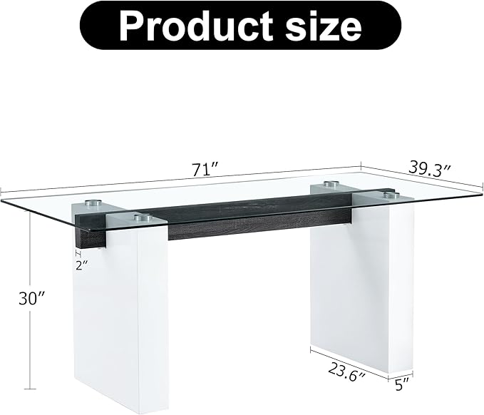 NicBex Large Modern Simple Rectangular Glass Table for 6-8 People, Equipped with 0.4-Inch Tempered Glass Table Top and Large MDF Table Legs for Kitchen, Dining Room, Living Room, White - LeafyLoom