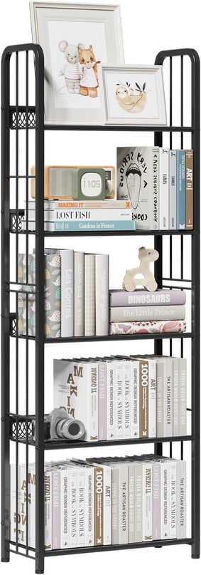 Bookshelf Storage Shelf Bookcase Freestanding Storage Stand Book Organizer for Living Room, Bedroom, Kitchen, Rust Resistance,Easy Assembly Multi-Functional Organizer (5 Tiers, Black) - LeafyLoom