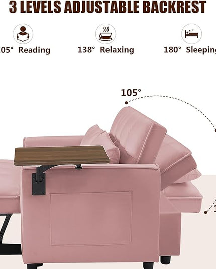 3 in 1 Loveseat Sofa Bed, Pull Out Couch Sleeper with Storage, Full Size Velvet Convertible Chair with 2 Pockets & 2 Pillows for Living Room, Pink - LeafyLoom