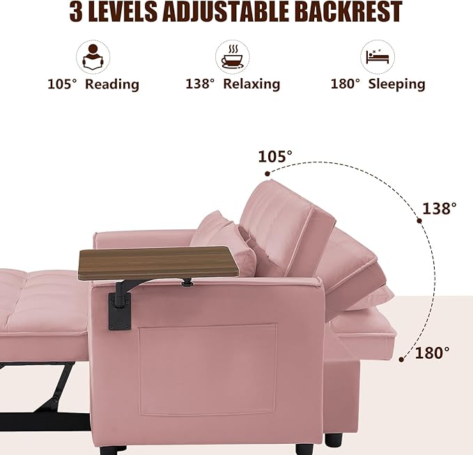 3 in 1 Loveseat Sofa Bed, Pull Out Couch Sleeper with Storage, Full Size Velvet Convertible Chair with 2 Pockets & 2 Pillows for Living Room, Pink - LeafyLoom