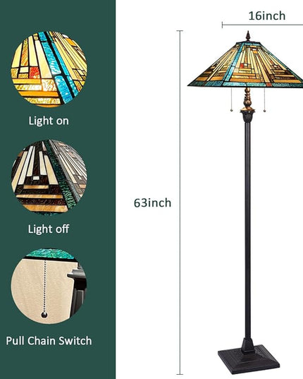 Tiffany Floor Lamp Mission Style Green Stained Glass Floor Light for Reading Antique 16" Double Light Standing Lamp for Living Room Bedroom Home Office - LeafyLoom