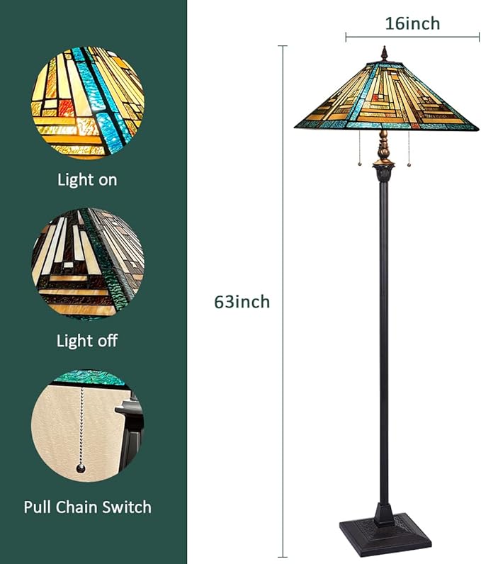 Tiffany Floor Lamp Mission Style Green Stained Glass Floor Light for Reading Antique 16" Double Light Standing Lamp for Living Room Bedroom Home Office - LeafyLoom