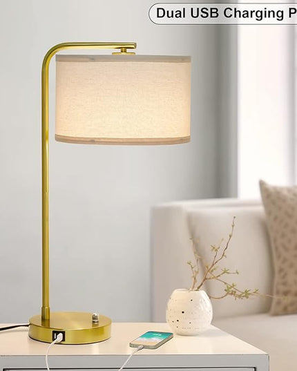 Fully Dimmable Bedside Lamp with Dual USB Ports, Mordern Gold Nightstand Lamp Desk Reading Lamp with Beige Drum Shade, Tall Side Table Lamp for Living Room Bedroom Office, 9W LED Bulb Included - LeafyLoom
