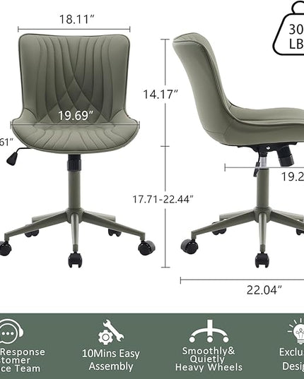 YOUTASTE Deep Green Office Chair Modern Armless Desk Chair with Wheels Adjustable Swivel Rocking Rolling Computer Study Chairs Faux Leather Sewing Chairs with Back Stylish Vanity Chair - LeafyLoom