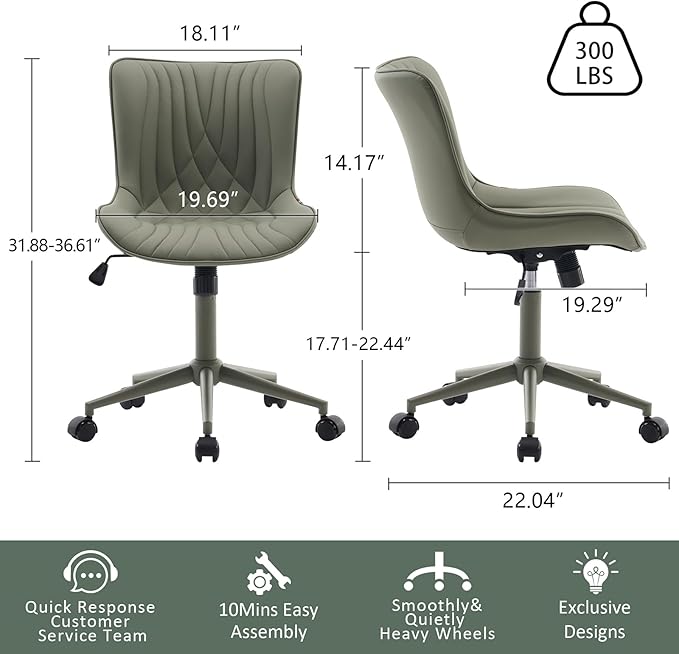 YOUTASTE Deep Green Office Chair Modern Armless Desk Chair with Wheels Adjustable Swivel Rocking Rolling Computer Study Chairs Faux Leather Sewing Chairs with Back Stylish Vanity Chair - LeafyLoom