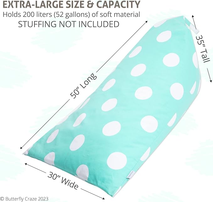 Butterfly Craze Bean Bag Chair Cover, Functional Toddler Toy Organizer, Fill with Stuffed Animals to Create a Jumbo, Comfy Floor Lounger for Boys or Girls, Stuffing Not Included, Aqua Polka Dots - LeafyLoom