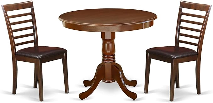 East West Furniture ANML3-MAH-LC 3 Piece Set for Small Spaces Contains a Round Table with Pedestal and 2 Faux Leather Kitchen Dining Chairs, 36x36 Inch, Mahogany - LeafyLoom