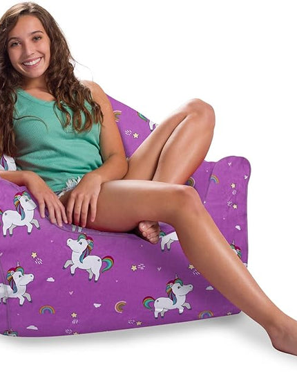Posh Creations Structured Comfy Bean Bag Chair for Gaming, Reading, and Watching TV, Malibu Lounge, Canvas - Unicorn and Rainbows on Purple - LeafyLoom