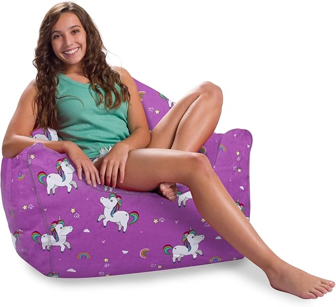 Posh Creations Structured Comfy Bean Bag Chair for Gaming, Reading, and Watching TV, Malibu Lounge, Canvas - Unicorn and Rainbows on Purple - LeafyLoom