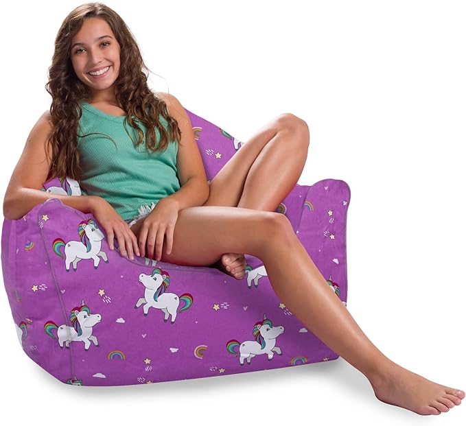 Posh Creations Structured Comfy Bean Bag Chair for Gaming, Reading, and Watching TV, Malibu Lounge, Canvas - Unicorn and Rainbows on Purple - LeafyLoom