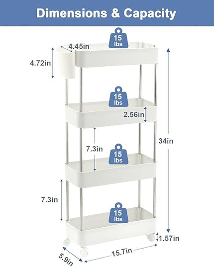 VECELO Storage Rolling Cart, 4 Tier Utility Cart Kitchen Slim Mobile Storage Unit Organizers with Wheels Hooks&Hanging Cups for Bedroom Bathroom Office Table Side in Narrow Places, White - LeafyLoom