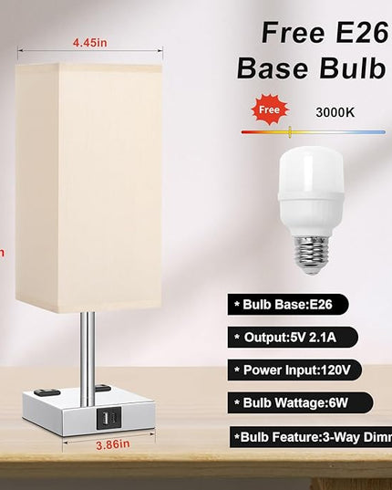 Touch Bedside Table Lamp For Nightstand - 3-Way Dimmable Night Lamp with USB A + Type C Charging Ports and two AC Outlets, Small Desk Light with E26 LED Bulb for Bedroom Living Room Dorm Office - LeafyLoom