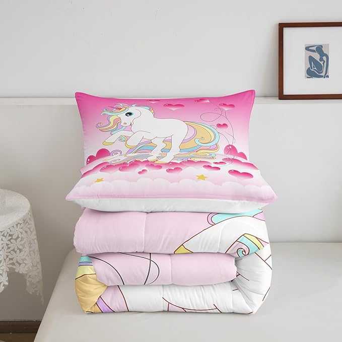 Girls Unicorn Comforter Set Queen Girly Fantasy Rainbow Unicorn Bedding Set for Kids Little Girls, Pink Love Heart Duvet Sets Dreamy Horse Cartoon Magical Animal Down Comforter with 2 Pillowcases - LeafyLoom