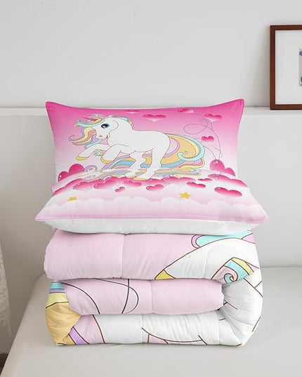 Girls Unicorn Comforter Set Twin Girly Fantasy Rainbow Unicorn Bedding Set for Kids Little Girls, Pink Love Heart Duvet Sets Dreamy Horse Cartoon Magical Animal Down Comforter with 1 Pillowcase - LeafyLoom