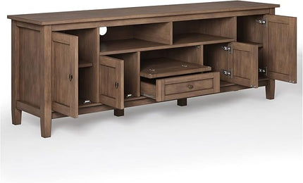 SIMPLIHOME Warm Shaker SOLID WOOD 72 Inch Wide Transitional TV Media Stand in Rustic Natural Aged Brown for TVs up to 80 Inches, For the Living Room and Entertainment Center - LeafyLoom