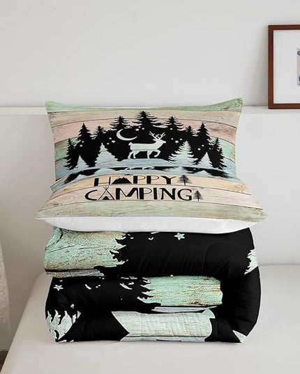 Kids Happy Camping Comforter Set King,Cute Deer Camper Bedding Set Rustic Farmhouse Woodland Animal Comforter for Boys Girls Old Barn Door Quilted Duvet Star Moon Pine Tree Decor 3 Pcs Black Green - LeafyLoom