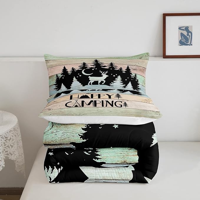 Kids Happy Camping Comforter Set King,Cute Deer Camper Bedding Set Rustic Farmhouse Woodland Animal Comforter for Boys Girls Old Barn Door Quilted Duvet Star Moon Pine Tree Decor 3 Pcs Black Green - LeafyLoom