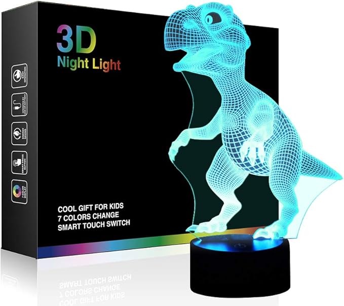 Night Lights for Kids Dinosaur 3D Night Light Lamp Wiscky 7 LED Colors Changing Touch Table Desk Lamps Decorative Lighting Pretty Cool Toys Gifts Birthday Holiday Xmas for Baby Nursery Toddler Friends - LeafyLoom