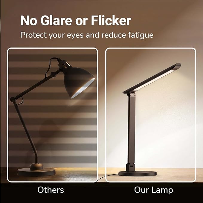 LED Desk Lamp, Eye-Caring Table Lamp with USB Charging Port, 35 Lighting Modes, Touch/Memory Function, Dimmable Reading Lamp Task Lamp Desk Lamps for Home Office (Black) - LeafyLoom