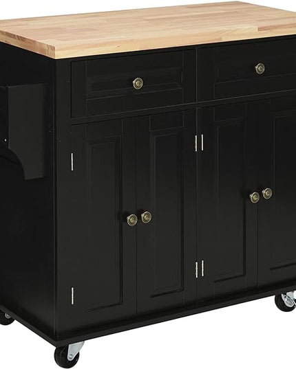 HOMCOM Kitchen Island on Wheels, Rolling Cart with Rubberwood Top, Spice Rack, Towel Rack and Drawers for Dining Room, Black - LeafyLoom