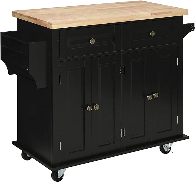 HOMCOM Kitchen Island on Wheels, Rolling Cart with Rubberwood Top, Spice Rack, Towel Rack and Drawers for Dining Room, Black - LeafyLoom