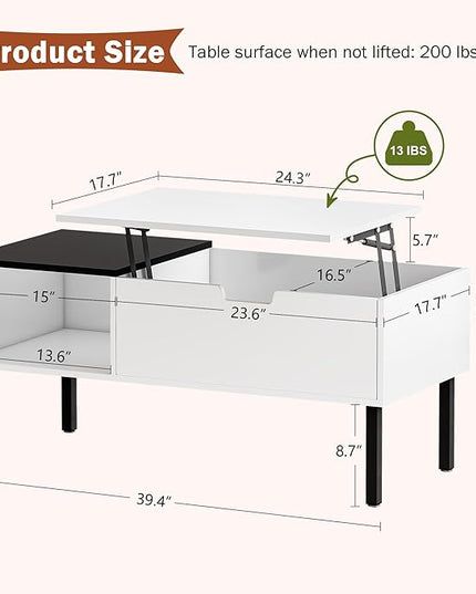 Lift Top Coffee Table with Storage, Black and White Modern Coffee Table for Living Room & Small Space, Wood Lifting Top Coffee Table with Adjustable Metal Legs, Open Shelf - LeafyLoom