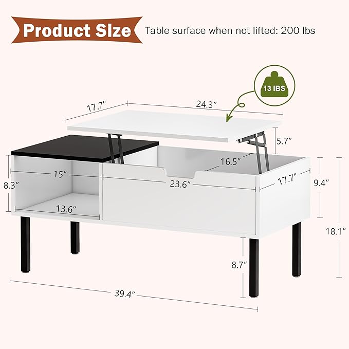 Lift Top Coffee Table with Storage, Black and White Modern Coffee Table for Living Room & Small Space, Wood Lifting Top Coffee Table with Adjustable Metal Legs, Open Shelf - LeafyLoom
