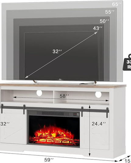 YESHOMY Fireplace TV Stand for Television up to 65+ Inch with Storage and Farmhouse Sliding Barn Doors, Entertainment Center with Cabinet and Shelves, Media Console for Living Room, White - LeafyLoom