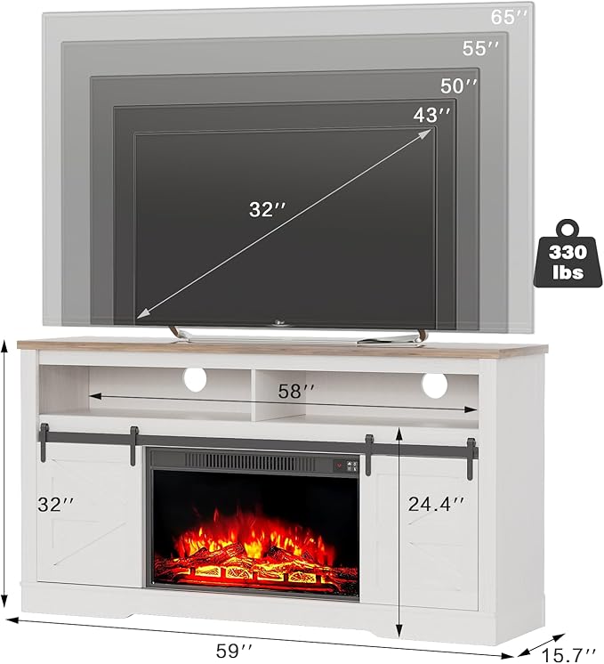 YESHOMY Fireplace TV Stand for Television up to 65+ Inch with Storage and Farmhouse Sliding Barn Doors, Entertainment Center with Cabinet and Shelves, Media Console for Living Room, White - LeafyLoom