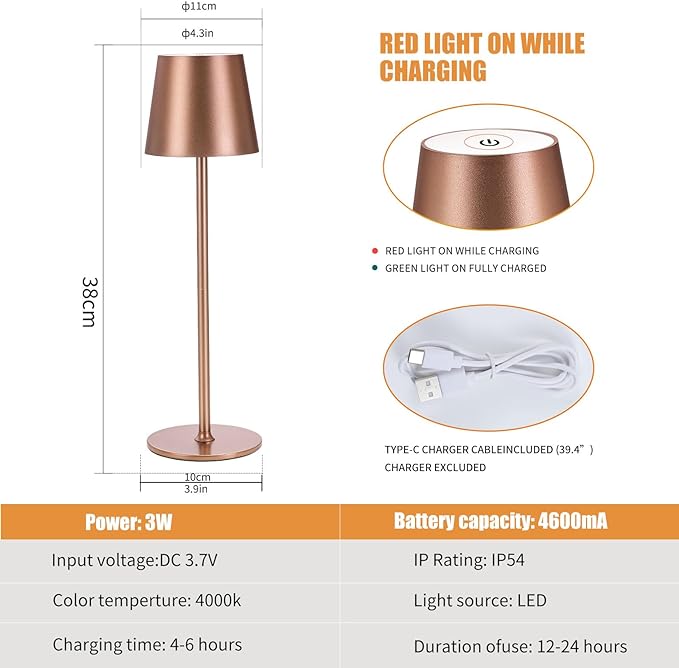 Cordless Table Lamps USB Rechargeable Simplicity Desk Lamp Built-in 4600 mAh Battery LED Battery Operated lamp with Touch Control Table lamp - Bedroom/Desk/Reading/Patio(Brown) - LeafyLoom