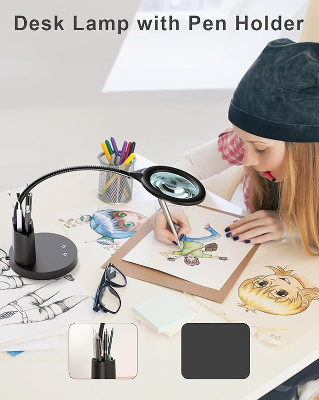 Sailstar Magnifying Glass with Light, 5X Magnifying Lamp, 3 Color Modes Lighted Magnifying Glass, LED Desk Lamp, Pen Holder, Flexible, 800LM, CRI 90, Magnifier with Light for Crafts Close Work, Black - LeafyLoom