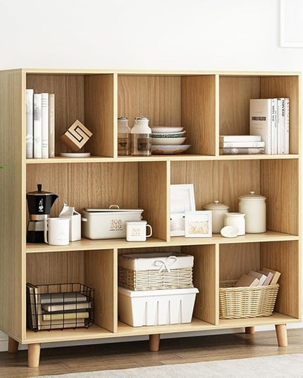 IOTXY Open Cube Low Bookcase - 3-Tier Freestanding Storage Display Cabinet Organizer with Legs for Home Office, 8-Cubes Open Shelf Short Bookshelf, Oak - LeafyLoom