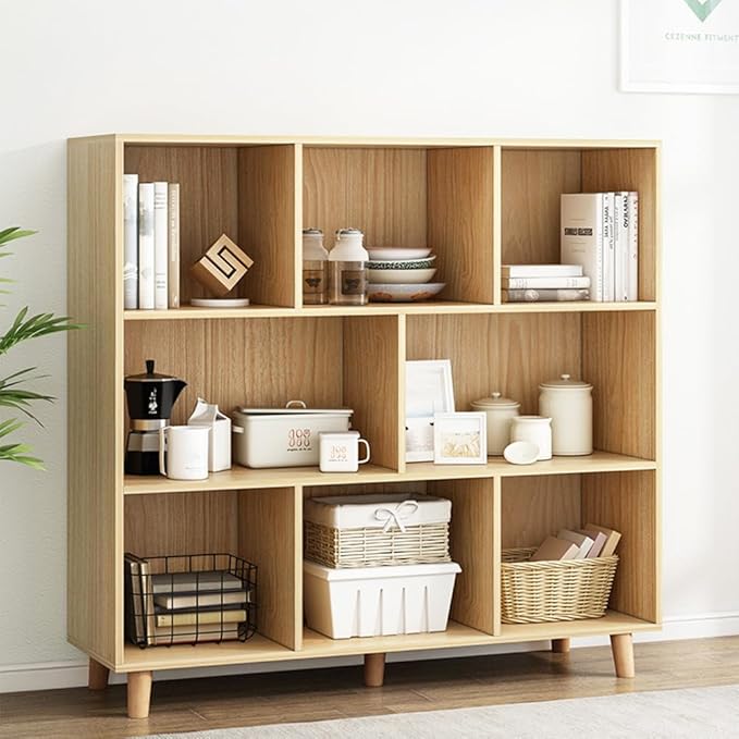 IOTXY Open Cube Low Bookcase - 3-Tier Freestanding Storage Display Cabinet Organizer with Legs for Home Office, 8-Cubes Open Shelf Short Bookshelf, Oak - LeafyLoom