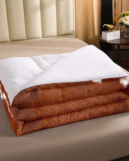 Cow Print Comforter Set Queen Size,Cowhide Print Bedding Set Teens Adults,Farmhouse Animal Hair Down Comforter,Rustic Western Bedding For Kids Boys Girls Teens Adult Bedroom Decor, Brown White - LeafyLoom