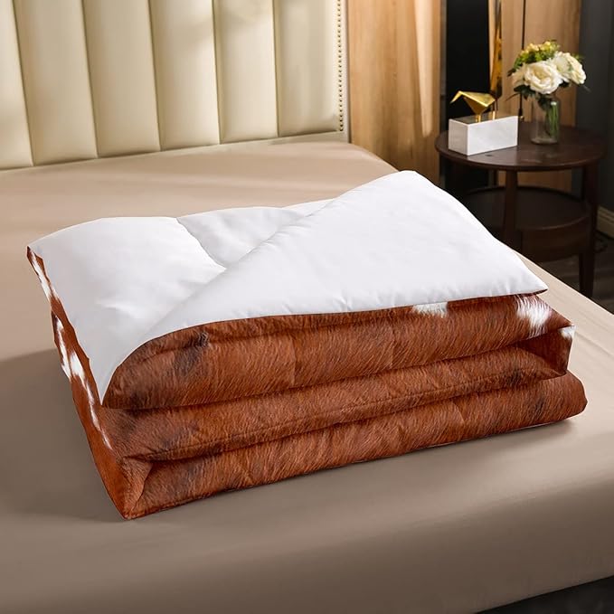 Cowhide Print Comforter Set Full Size, Western Farm Animal Fur Bedding Set, Brown White Cow Print Down Comforter For Kids Boys Girls Teens,Rustic Farmhouse Cow Quilt Set Bedroom Decor 2 Pillow Cases - LeafyLoom