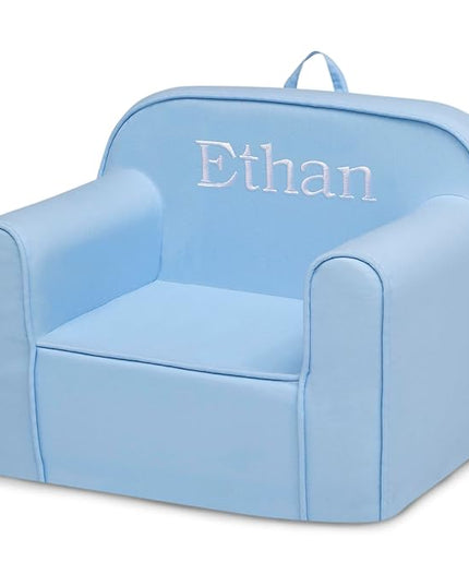 Delta Children Personalized Cozee Chair - Customize with Name – Foam Kids Chair for Ages 18 Months and Up, Powder Blue - LeafyLoom