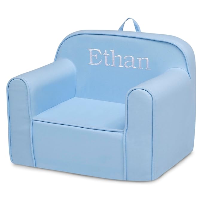Delta Children Personalized Cozee Chair - Customize with Name – Foam Kids Chair for Ages 18 Months and Up, Powder Blue - LeafyLoom