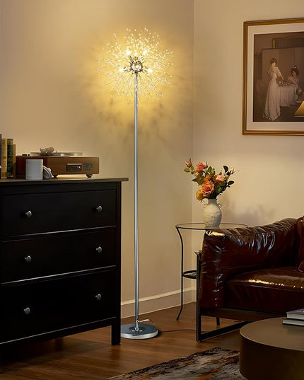 Modern Crystal Floor Lamp (6-Light, 70-Inch, Chrome), Standing Lamp with Footswitch, LED Floor Lamp for Living Room, Girls Room, Bedroom, Dresser, Office (Bulbs NOT Included) - LeafyLoom