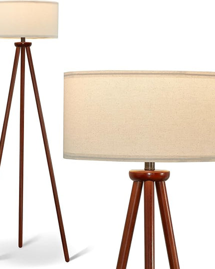 YUNHONG Tripod Floor Lamp, Dimmable Mid Century Floor Lamp Using Premium Flaxen Lamp Shade, Modern Design Standing Lamp with E26 Lamp Base, Wood Tall Floor Lamps for Living Room, Bedroom and Office - LeafyLoom